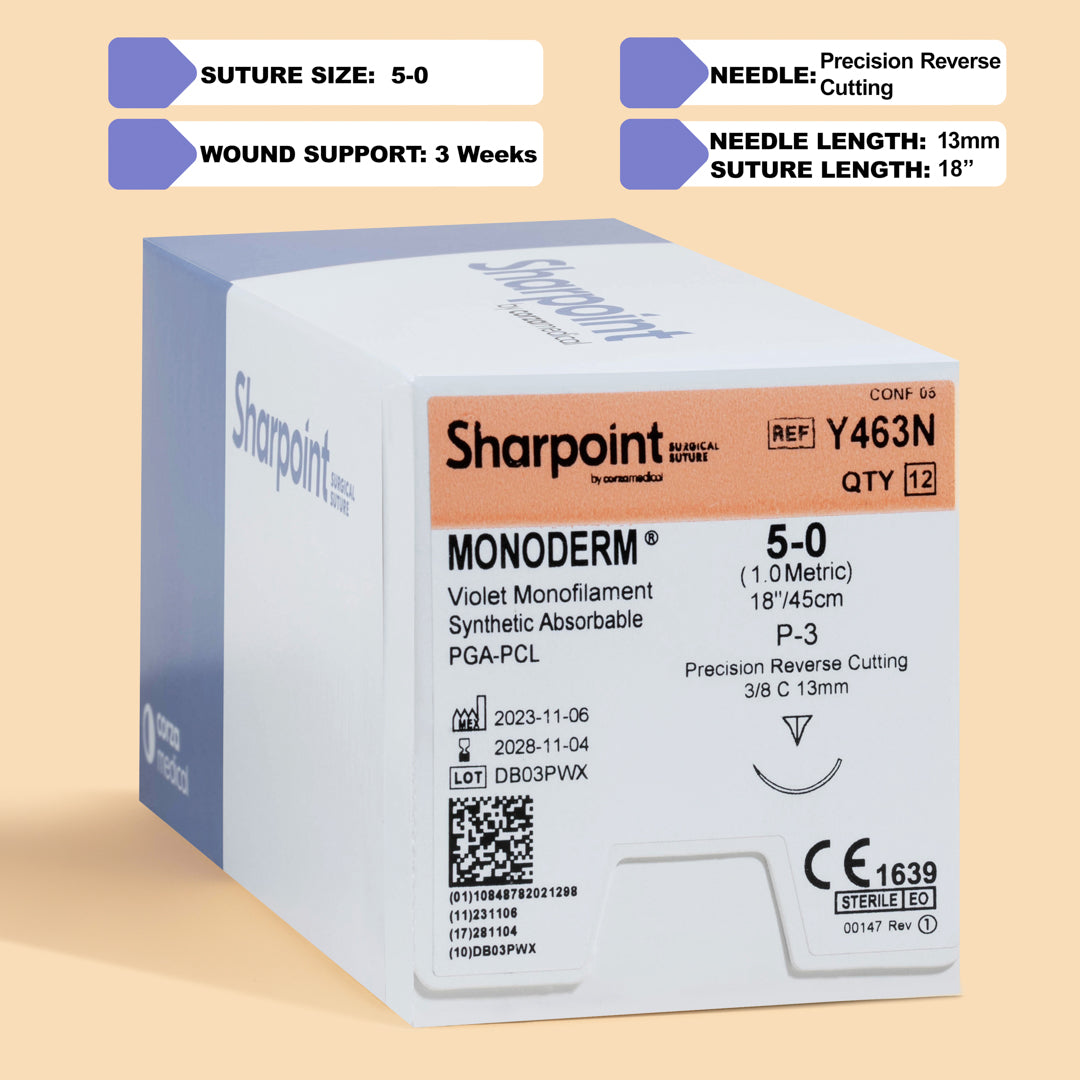 Sharpoint Monoderm Y463N 5-0 suture box and suture packaging, showcasing a violet monofilament suture of 18 inches with a P-3 precision reverse cutting needle. The box highlights its use for delicate surgical applications, emphasizing the suture's advanced PGA-PCL material for optimal performance and patient comfort