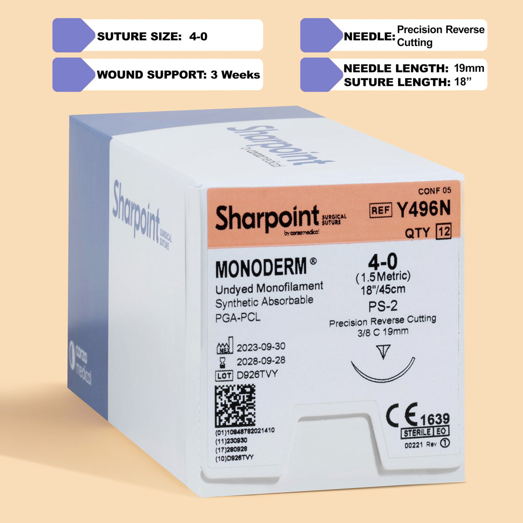 A Sharpoint Monoderm box with reference Y496N, showcasing 12 precision reverse cutting needles attached to 18-inch undyed monofilament sutures of size 4-0, designed for medical and dental professionals. 