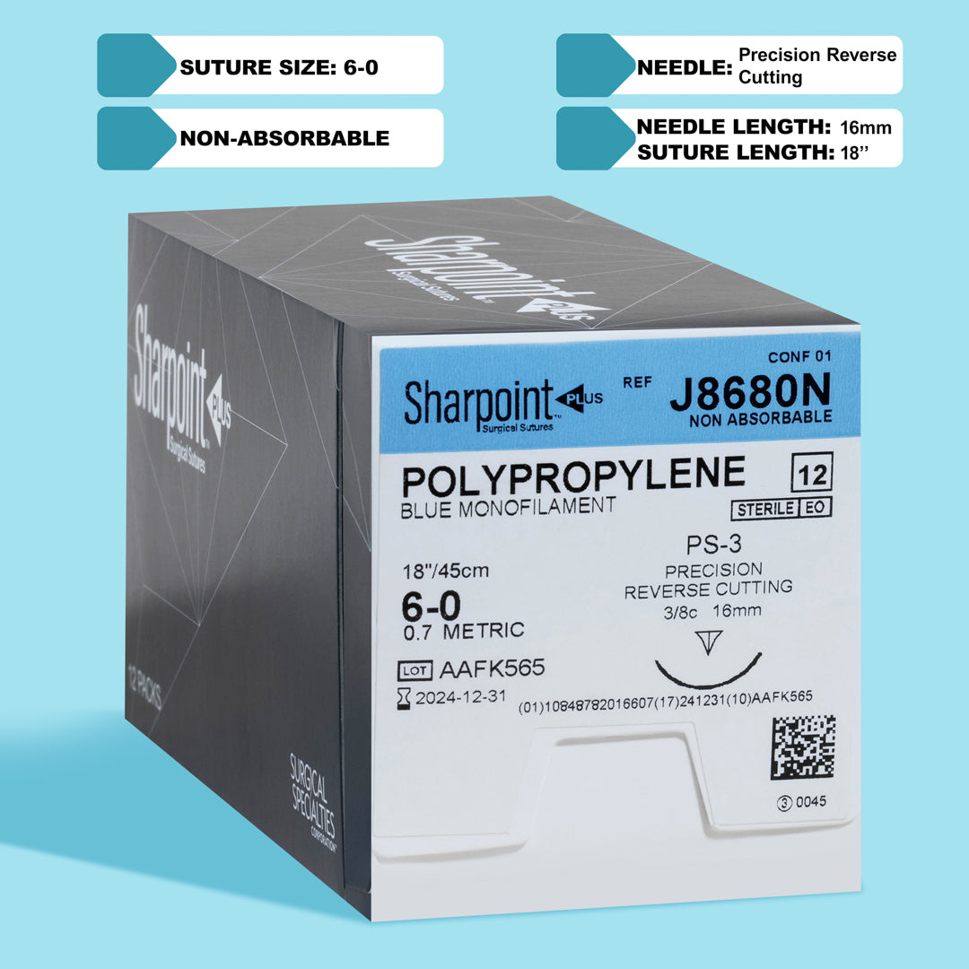 A box and individual pack of Sharpoint 6-0 blue polypropylene suture (J8680N) featuring a 16mm precision reverse cutting needle. This non-absorbable monofilament suture is ideal for specialized surgeries requiring precise tissue approximation and long-term support. The packaging highlights its use for delicate procedures in various medical fields, indicating its sterility and the high-quality manufacturing standards of Surgical Specialties