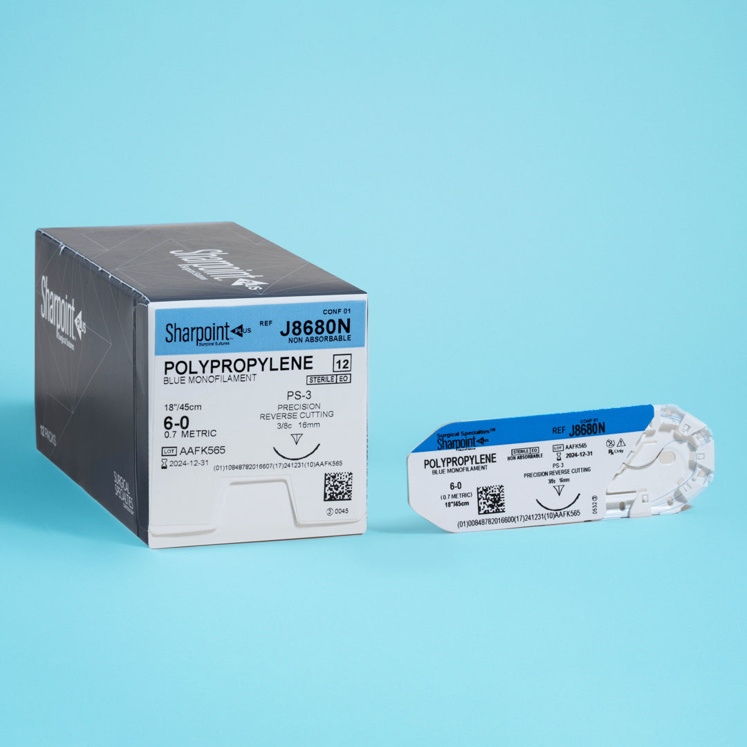 A box and individual pack of Sharpoint 6-0 blue polypropylene suture (J8680N) featuring a 16mm precision reverse cutting needle. This non-absorbable monofilament suture is ideal for specialized surgeries requiring precise tissue approximation and long-term support. The packaging highlights its use for delicate procedures in various medical fields, indicating its sterility and the high-quality manufacturing standards of Surgical Specialties