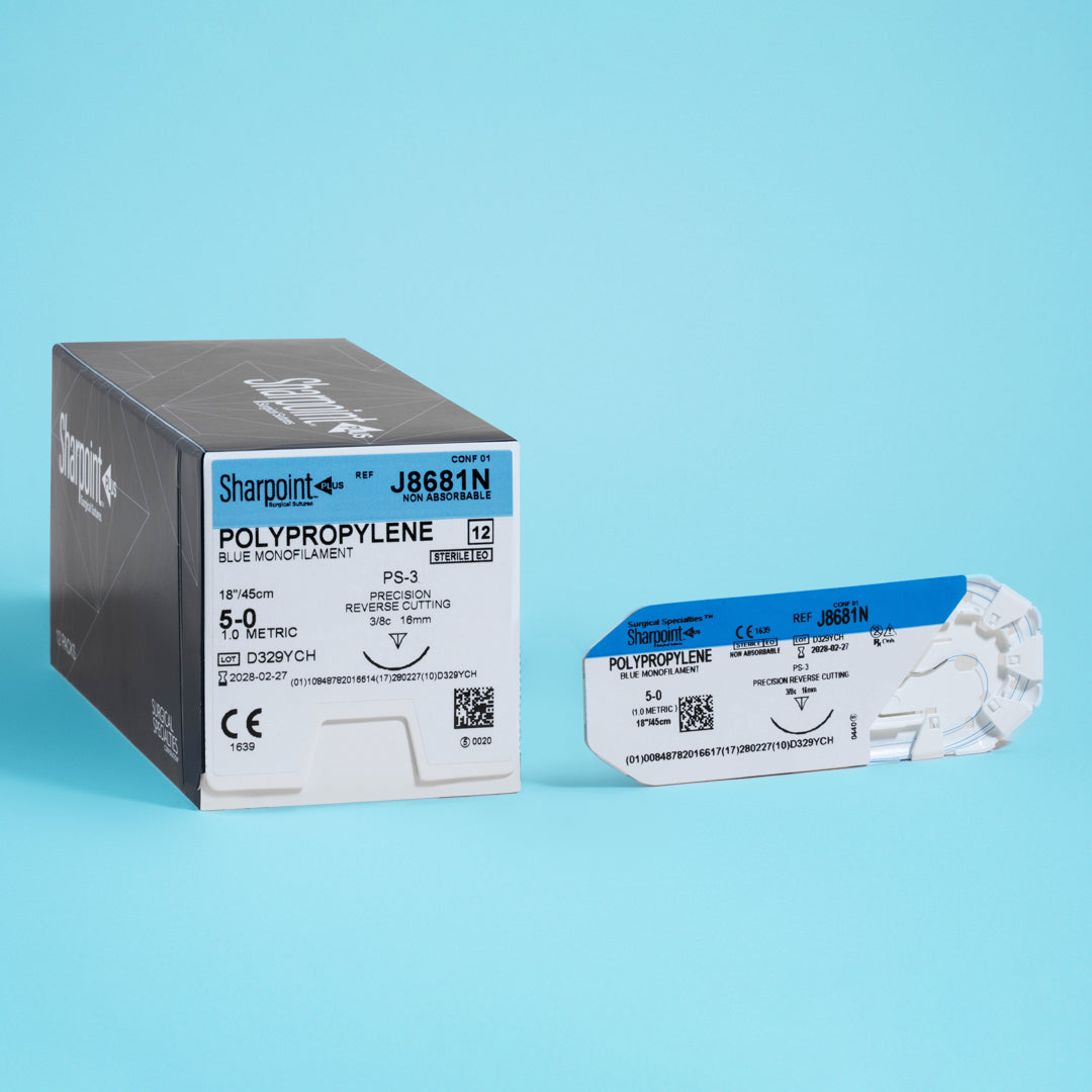 Sharpoint 5-0 polypropylene suture pack, model J8681N, showcasing its blue monofilament thread and the PS-3 precision reverse cutting needle. The suture, measuring 18 inches, is packaged for sterility with Ethylene Oxide (EO) and designed for non-absorbable applications, emphasizing its suitability for delicate surgical procedures where long-lasting support and minimal tissue reaction are paramount.&nbsp;