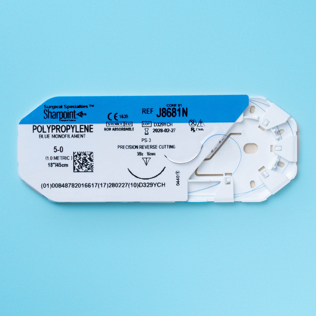 Sharpoint 5-0 polypropylene suture pack, model J8681N, showcasing its blue monofilament thread and the PS-3 precision reverse cutting needle. The suture, measuring 18 inches, is packaged for sterility with Ethylene Oxide (EO) and designed for non-absorbable applications, emphasizing its suitability for delicate surgical procedures where long-lasting support and minimal tissue reaction are paramount.&nbsp;