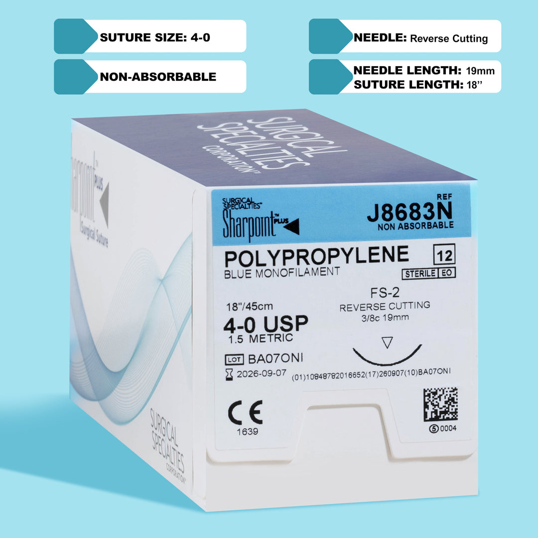 Sharpoint 4-0 Polypropylene suture (J8683N) box and individual package, showcasing the blue monofilament suture and FS-2 reverse cutting needle. This suture is tailored for medical professionals requiring precision and durability in various surgeries, highlighted by its design for minimal tissue reaction and enhanced surgical visibility.