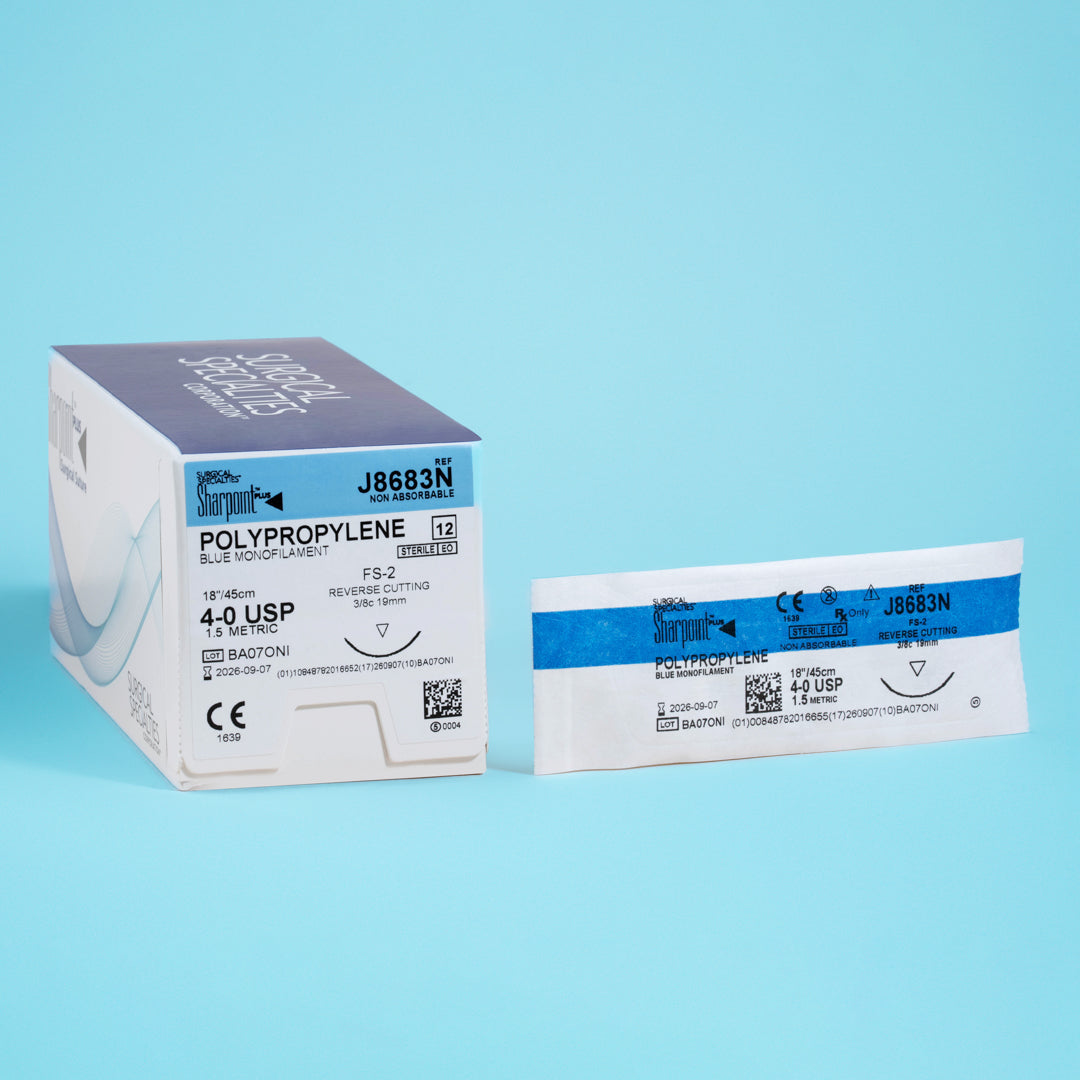 Sharpoint 4-0 Polypropylene suture (J8683N) box and individual package, showcasing the blue monofilament suture and FS-2 reverse cutting needle. This suture is tailored for medical professionals requiring precision and durability in various surgeries, highlighted by its design for minimal tissue reaction and enhanced surgical visibility.