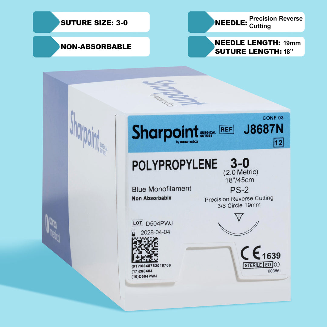 Sharpoint 3-0 blue polypropylene suture (J8687N) with an 18-inch length and a PS-2 precision reverse cutting needle. This non-absorbable, monofilament suture is packaged for sterility, highlighted for its use in medical disciplines requiring precise tissue approximation and long-term support. The box showcases its use in advanced surgical procedures, making it a trusted choice for healthcare professionals across various specialties