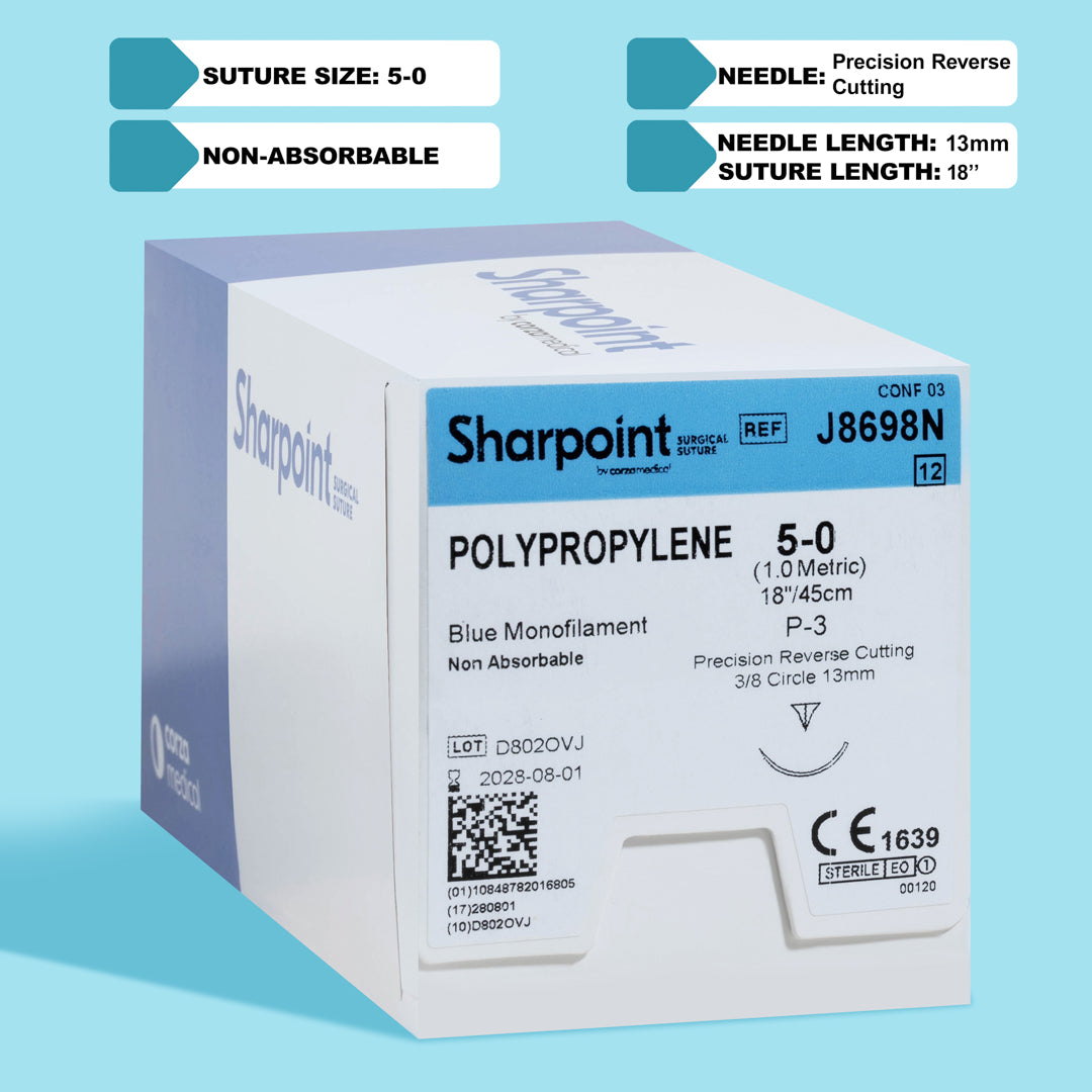 A box and individual packet of Sharpoint 5-0 blue polypropylene suture (J8698N) with an 18-inch length and a P-3 precision reverse cutting needle, ideal for detailed surgical applications. The non-absorbable monofilament suture is highlighted for its use in dental and cosmetic surgeries, emphasizing its high-quality manufacture and suitability for procedures requiring exceptional suturing precision.