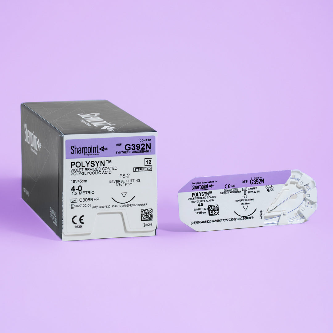 Sharpoint 4-0 POLYSYN suture package (G392N) with an 18-inch violet braided polyglycolic acid suture and an FS-2 reverse cutting needle. This synthetic absorbable suture is showcased as a versatile tool for medical professionals, offering enhanced visibility, predictable absorption, and excellent knot security for a range of surgical applications, including dental and cosmetic procedures