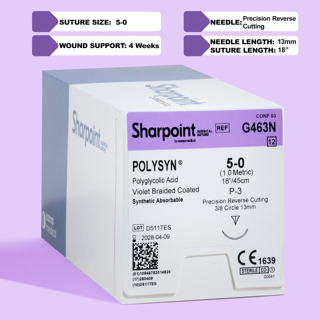 A Sharpoint 5-0 POLYSYN suture package (G463N) displays an 18-inch violet braided polyglycolic acid suture linked with a P-3 precision reverse cutting needle. This product is engineered for specialized surgical applications, offering key advantages such as enhanced visibility, secure knotting, and controlled absorption tailored for medical and dental professionals. 