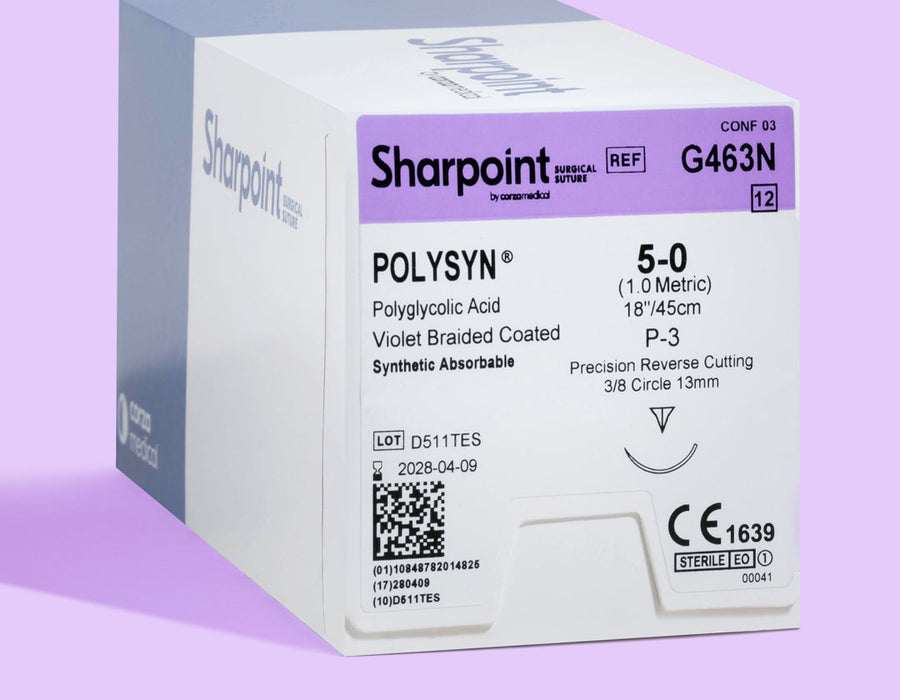 Suture tressée Polysyn 5-0, aiguille P-3 de 45 cm | G463N