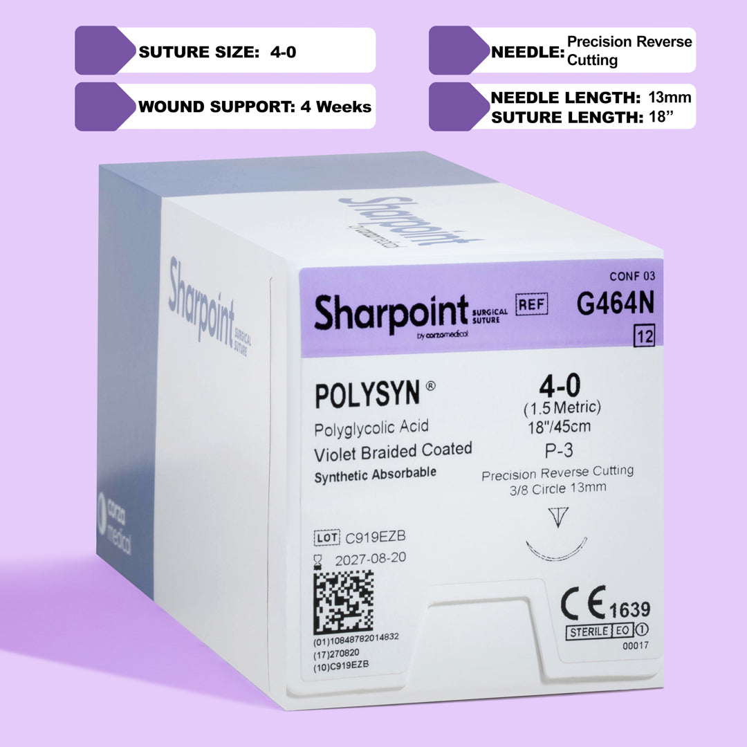 Image showing Sharpoint 4-0 POLYSYN suture (G464N), featuring an 18-inch length violet braided polyglycolic acid suture and a P-3 precision reverse cutting needle. Packaged for sterility, this suture stands out for its application in both medical and dental surgeries, designed for professionals requiring dependable absorption, enhanced visibility, and robust knot security.