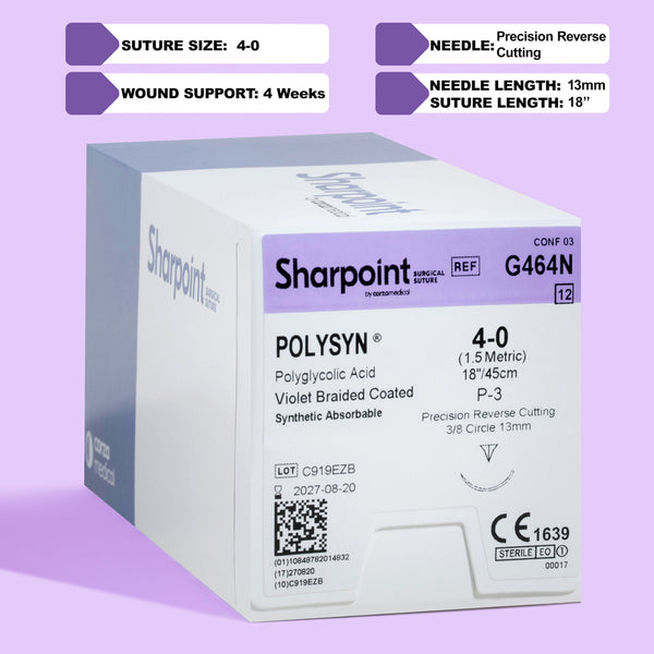 Image showing Sharpoint 4-0 POLYSYN suture (G464N), featuring an 18-inch length violet braided polyglycolic acid suture and a P-3 precision reverse cutting needle. Packaged for sterility, this suture stands out for its application in both medical and dental surgeries, designed for professionals requiring dependable absorption, enhanced visibility, and robust knot security.