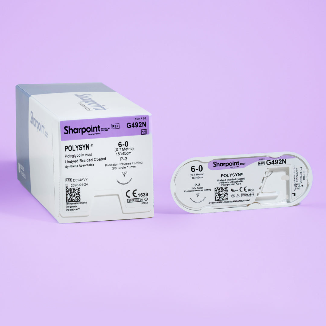 A box and an individual pack of Sharpoint 6-0 POLYSYN suture (G492N) with an 18-inch length and a P-3 precision reverse cutting needle. This synthetic absorbable, undyed braided suture is specifically designed for medical professionals seeking exceptional tissue compatibility, secure knotting, and predictable absorption for various surgical applications, highlighting its importance in enhancing surgical outcomes.