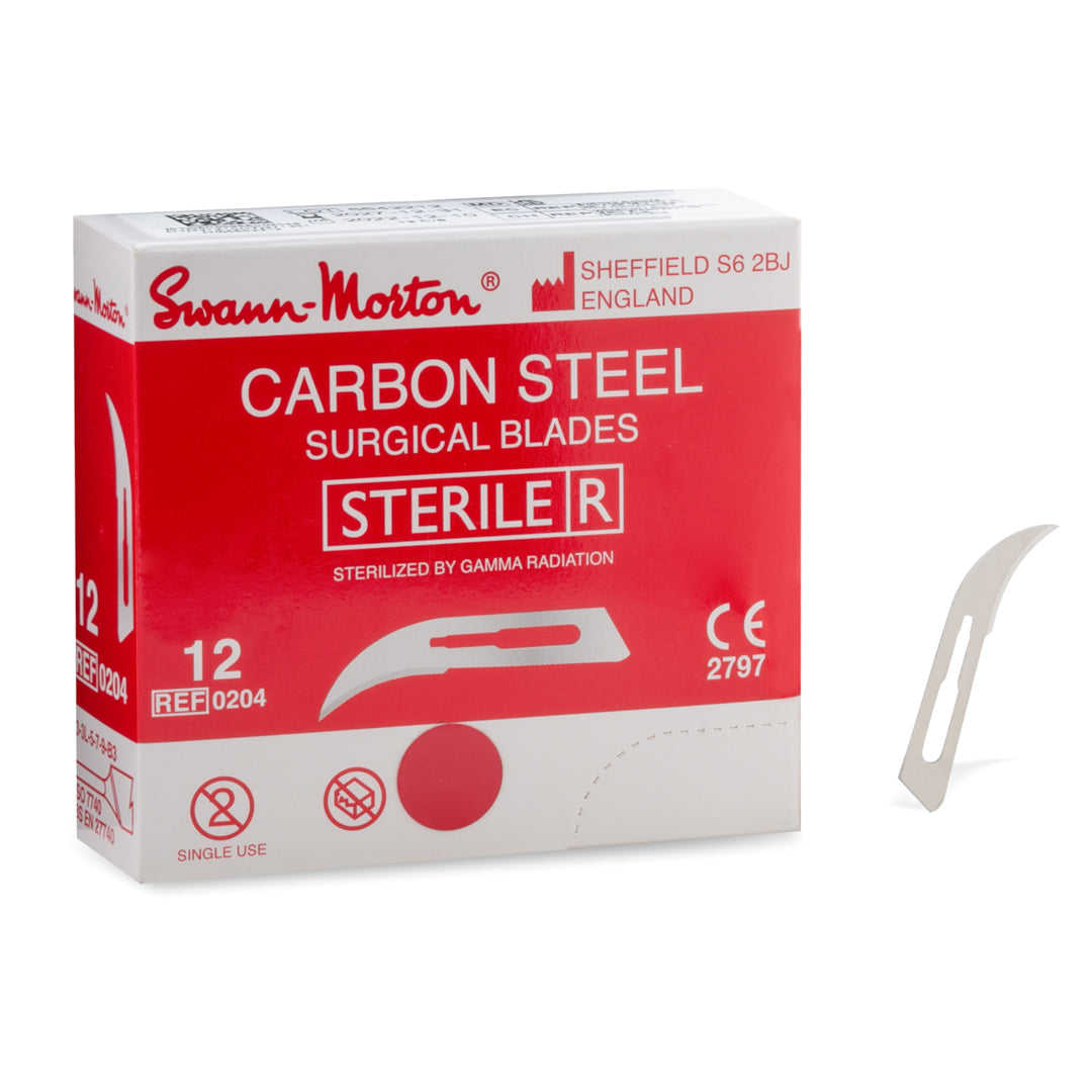 Swann-Morton #12 carbon steel surgical blade in sterile packaging, designed for precision and safety in medical procedures.
