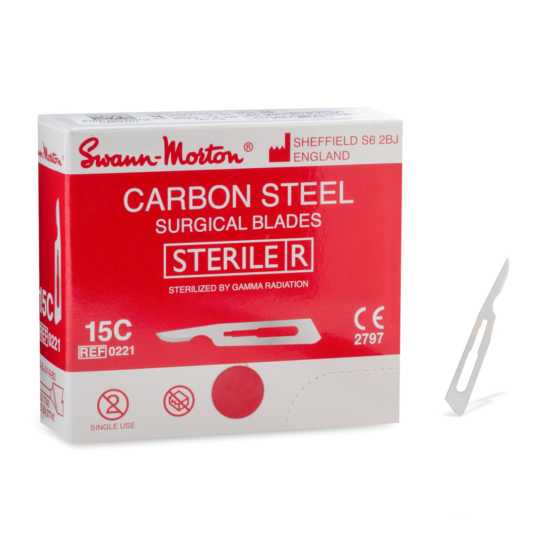 Swann-Morton #15C Carbon Steel Surgical Blade, featuring an extended blade for periodontal procedures, in sterile packaging.