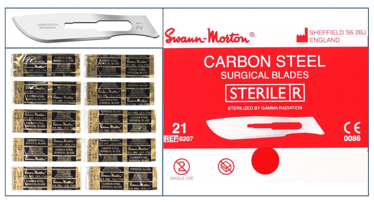Box of 100 Swann-Morton #21 carbon steel surgical blades, sterile, for surgical incisions.