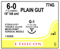 Box of 6-0 plain gut absorbable suture, 18-inch length with a G-1 needle, reference 774G.