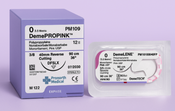 DemePROPINK™ Polypropylene Sutures – 0 USP, 40mm Reverse Cutting Needle, 90cm (Pack of 12) | PM109