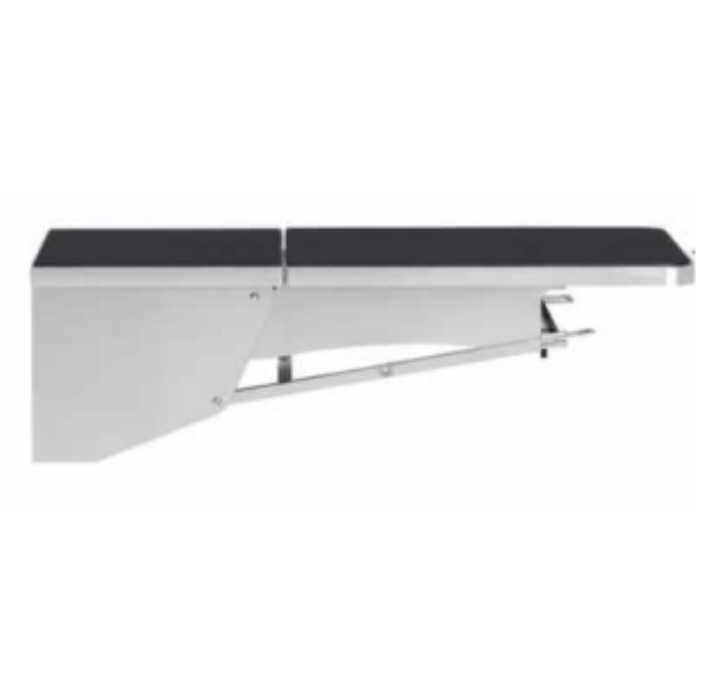 Wall-mounted folding dental prep table shown deployed from the side with padded top and support strut