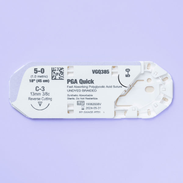 A box and individual pack of VILET® II QUICK 5-0 suture (VGQ385) featuring a 13mm reverse cutting needle for veterinary use. This fast-absorbing, polyglycolic acid, undyed braided suture is specially designed for veterinary professionals seeking quick healing and minimal tissue reaction in animal surgeries. The packaging underscores its veterinary application, ensuring high-quality and reliability in animal healthcare procedures