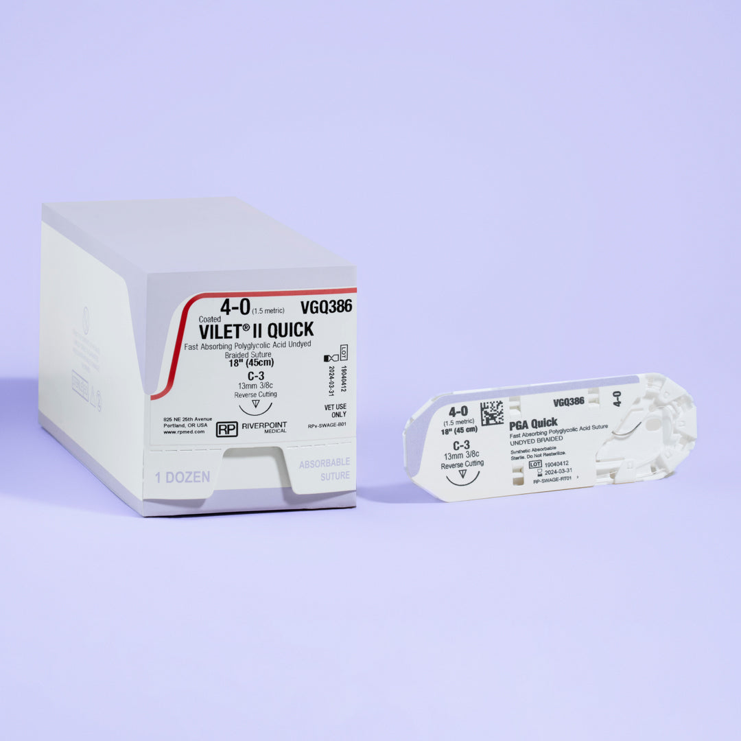 Image showcasing the packaging of the 4-0 VILET® II QUICK Braided Suture with C-3 Needle (VGQ386), highlighting key product details such as suture size, material, length, needle type, and sterilization method. The box is labeled for veterinary use only, emphasizing its specialized application. Manufactured by Riverpoint Medical, it underscores the brand's commitment to quality and innovation in veterinary surgery.
