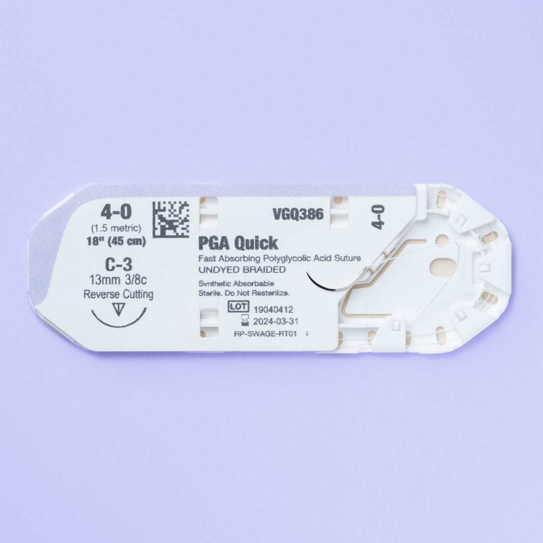Image showcasing the packaging of the 4-0 VILET® II QUICK Braided Suture with C-3 Needle (VGQ386), highlighting key product details such as suture size, material, length, needle type, and sterilization method. The box is labeled for veterinary use only, emphasizing its specialized application. Manufactured by Riverpoint Medical, it underscores the brand's commitment to quality and innovation in veterinary surgery.