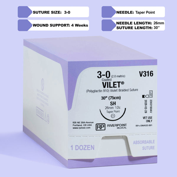 Image showing the packaging of the 3-0 VILET® II Violet 30" Braided Suture with SH Needle (V316), highlighting key features such as suture size, material, length, needle type, and sterilization method on the box, with a clear indication of veterinary use