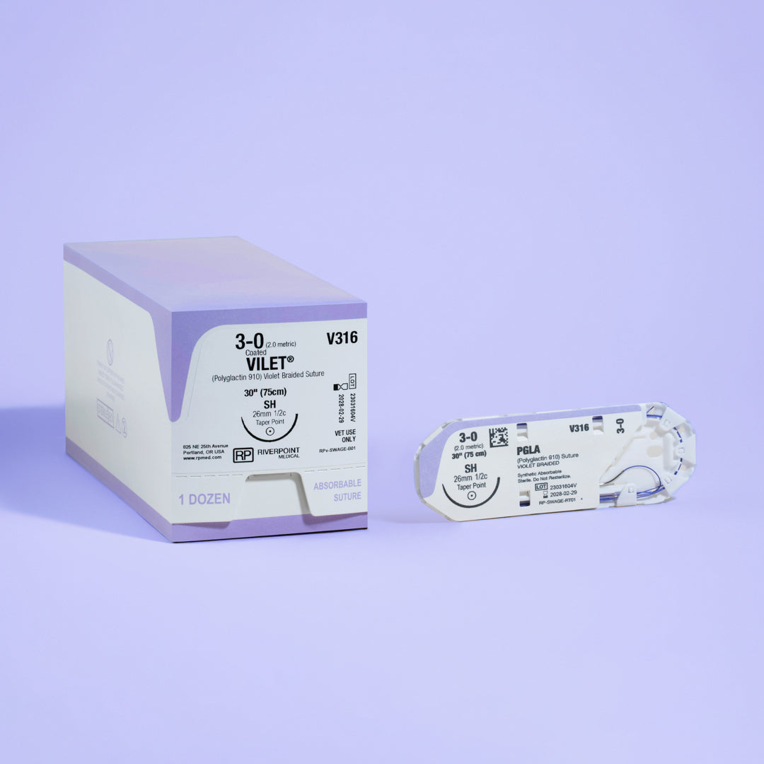 Image showing the packaging of the 3-0 VILET® II Violet 30" Braided Suture with SH Needle (V316), highlighting key features such as suture size, material, length, needle type, and sterilization method on the box, with a clear indication of veterinary use.