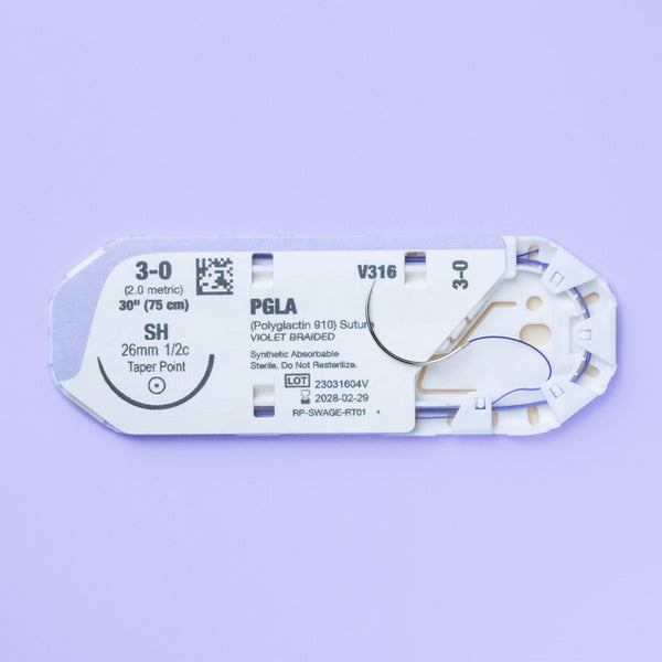 Close-up view of the 3-0 VILET® II Violet Braided Suture with SH Needle (V316) unpackaged, displaying the violet-colored, Polyglactin 910 suture material, and the SH taper point needle's details, emphasizing the product's sterility and specific use in veterinary medicine