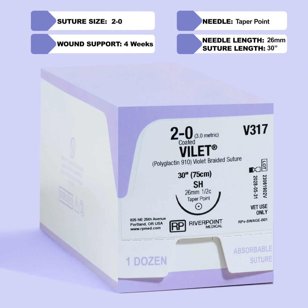 Photograph of the 2-0 VILET® Violet 30" Braided Suture with SH Needle (V317) packaging box, detailing the suture size, material, and length on the label, with specific indications for veterinary use, by Riverpoint Medical.
