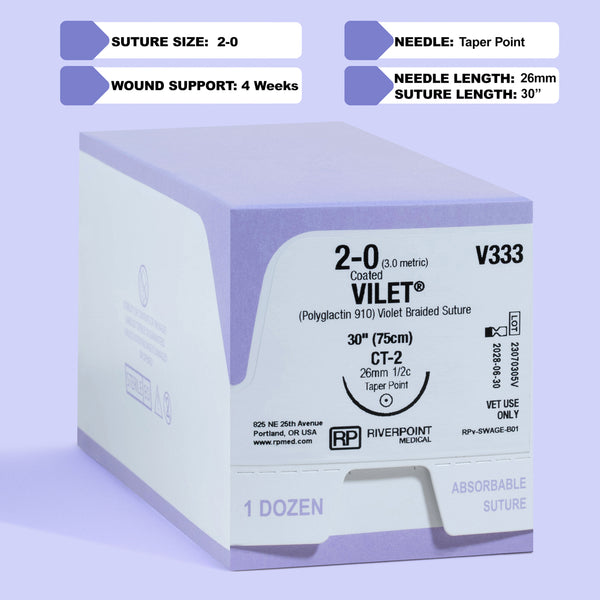 Image showcasing the 2-0 VILET® Violet 30" Braided Suture with CT-2 Needle (V333) packaging box, detailing the suture size, material, and length, with veterinary use indication, by Riverpoint Medical