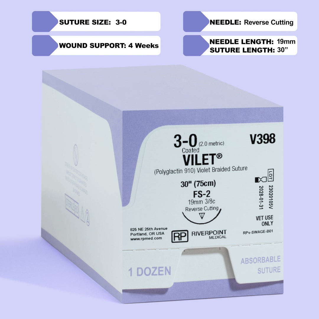 Photograph showing the 3-0 VILET® Violet 30" Braided Suture with FS-2 Needle (V398) packaging box, detailing the suture size, material, and length, specifically indicated for veterinary use, by Riverpoint Medical