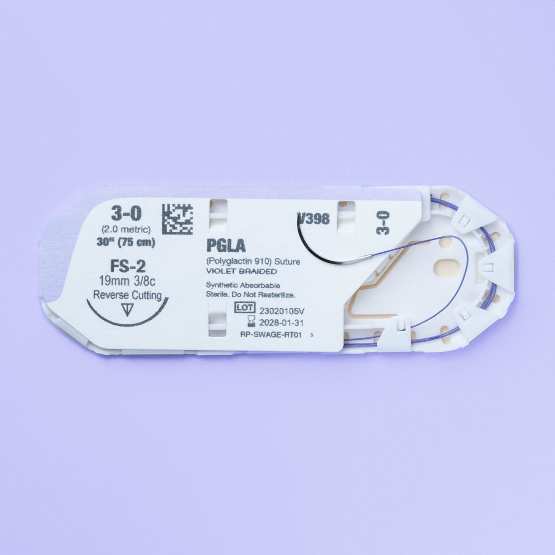 Close-up image of the 3-0 VILET® Violet Braided Suture with FS-2 Needle (V398) in its sterile packaging, highlighting the suture's specifications and sterile condition, ready for use in veterinary surgeries