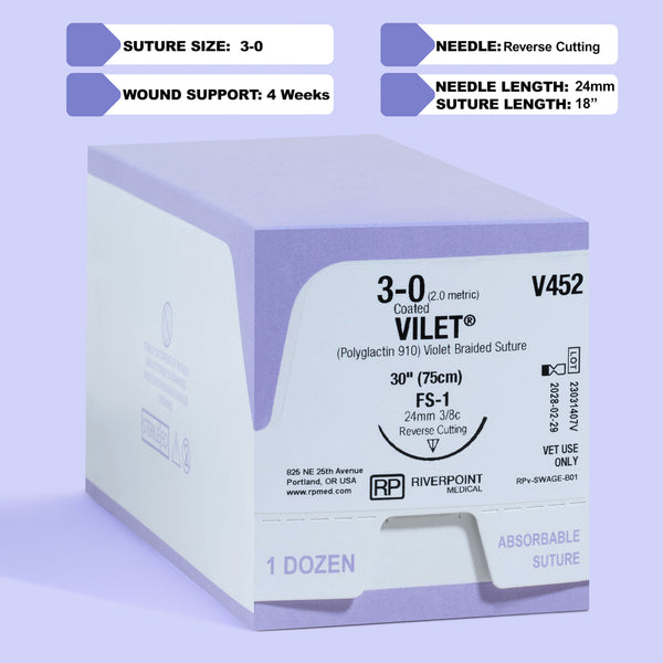 Image showing the packaging of the 3-0 VILET® Violet 18" Braided Suture with FS-1 Needle (V452), detailing the suture size, material, length, and needle type, designated for veterinary use, by Riverpoint Medical.