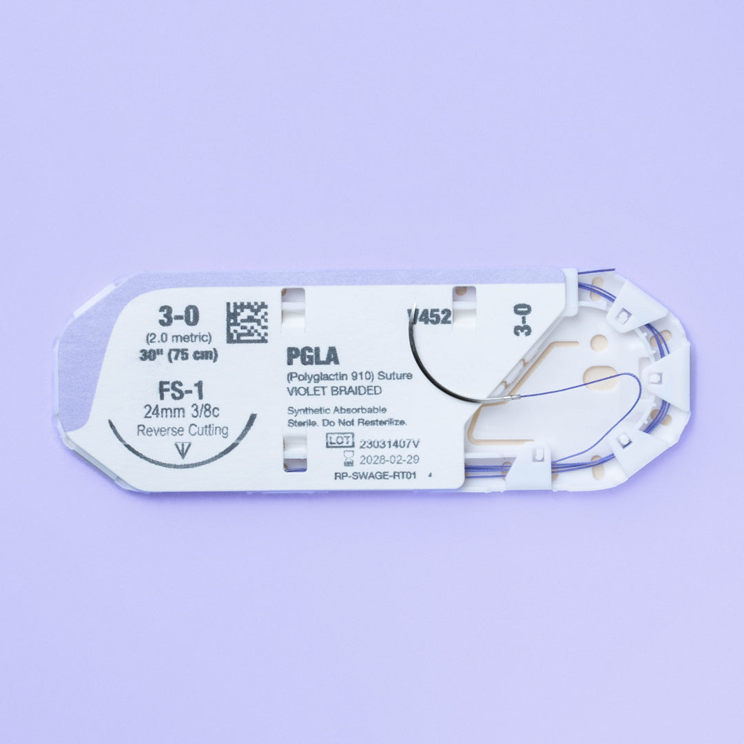 Close-up view of the 3-0 VILET® Violet Braided Suture with FS-1 Needle (V452) in its sterile packaging, emphasizing the suture's specifications and sterile status, prepared for veterinary surgical use