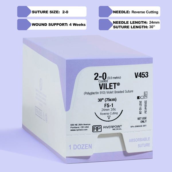 Image displaying the 2-0 VILET® Violet 30" Braided Suture with FS-1 Needle (V453) packaging box, featuring detailed suture size, material, and needle type, designated for veterinary use by Riverpoint Medical.