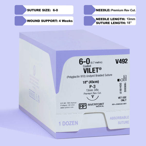 Image showing the packaging of the 6-0 VILET® Undyed Braided 18" Suture with P-3 Needle (V492), detailing suture size, material, needle type, and veterinary use indication by Riverpoint Medical