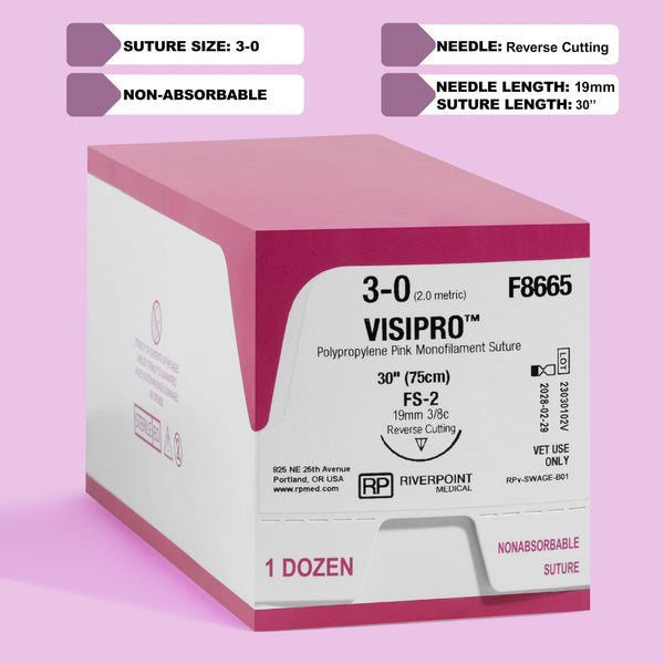 Image showcasing the 3-0 ViSIPRO™ Polypropylene 30" Suture with FS-2 Needle (F8665) packaging, detailing the suture size, material, needle type, and specific use for veterinary surgeries by Riverpoint Medical.