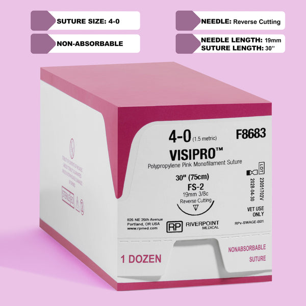Image showing the packaging of the 4-0 ViSIPRO™ Polypropylene 30" Suture with FS-2 Needle (F8683), detailing the suture size, material, needle type, and veterinary use indication by Riverpoint Medical.