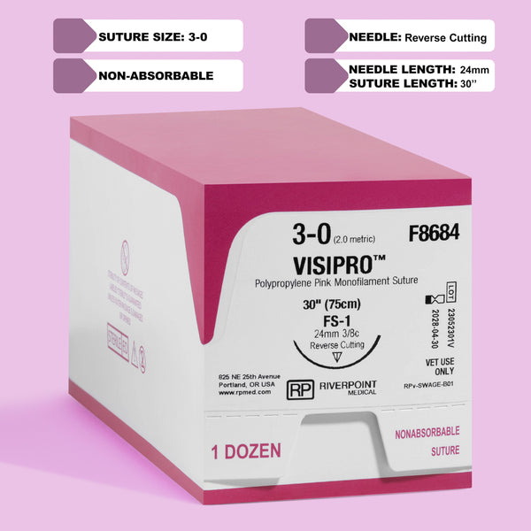 Image showcasing the packaging of the 3-0 ViSIPRO™ Polypropylene 30" Suture with FS-1 Needle (F8684), highlighting the suture size, material, needle type, and exclusive veterinary use designation by Riverpoint Medical.