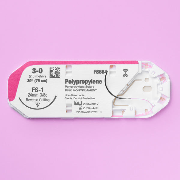 Close-up view of the 3-0 ViSIPRO™ Polypropylene Monofilament Suture with FS-1 Needle (F8684) in sterile packaging, emphasizing the pink monofilament suture and precision reverse cutting needle, ready for veterinary surgical use