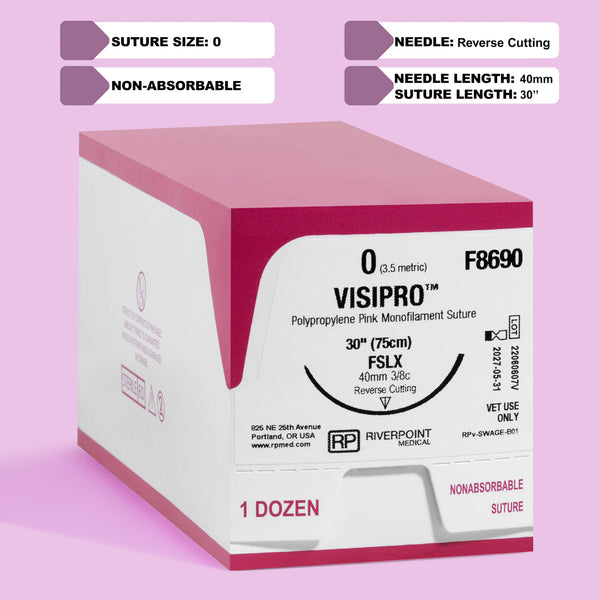 Image depicting the packaging of the 0 ViSIPRO™ Polypropylene 30" Suture with FSLX Needle (F8690), detailing suture size, material, needle type, and veterinary use designation by Riverpoint Medical.