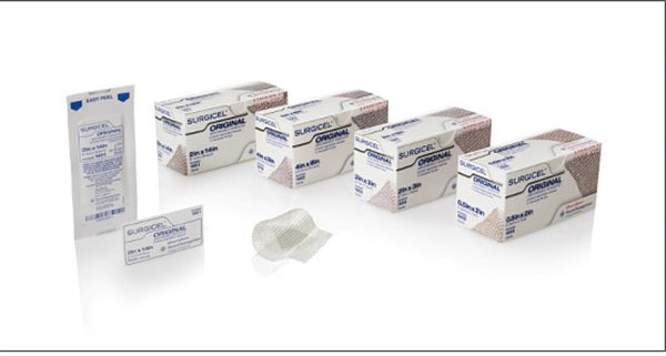Surgicel Original absorbable hemostat 1955 — boxes and knitted fabric roll