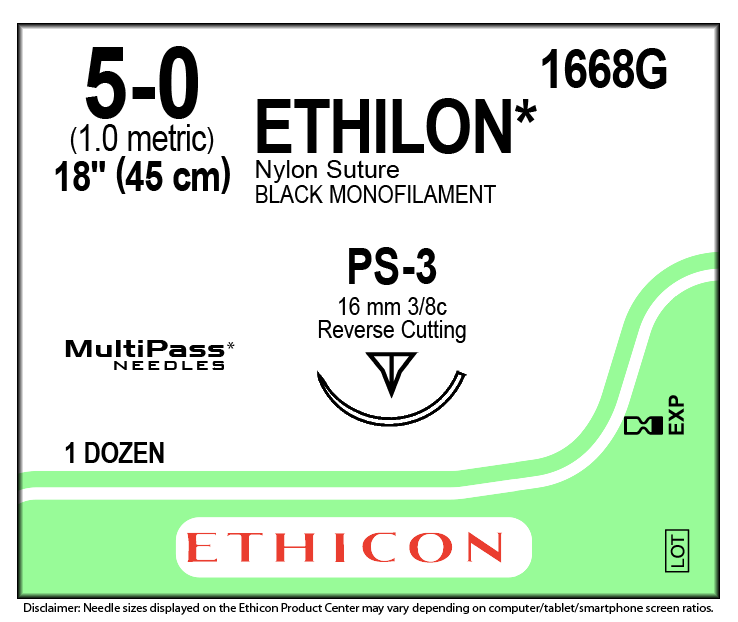 Fil de suture Ethilon noir 5-0, aiguille PS-3 de 45 cm | 1668G