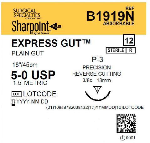Plain Gut B1919N Plain Gut SHARPOINTSharpPoint B1919N 5-0 Plain Gut Suture, 18 inches with a P-3 precision reverse cutting needle, designed for rapid absorption and precision in delicate surgeries.