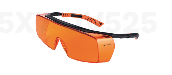 Safety Glasses | Black/orange frame, orange lens, anti-scratch+, antifog+ UV525, over-the-glasses safety frame