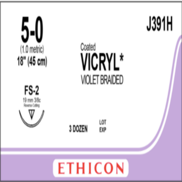 5-0 Vicryl Plus 3/8 Circle Violet Suture, 18" FS-2 Needle | VCP391H