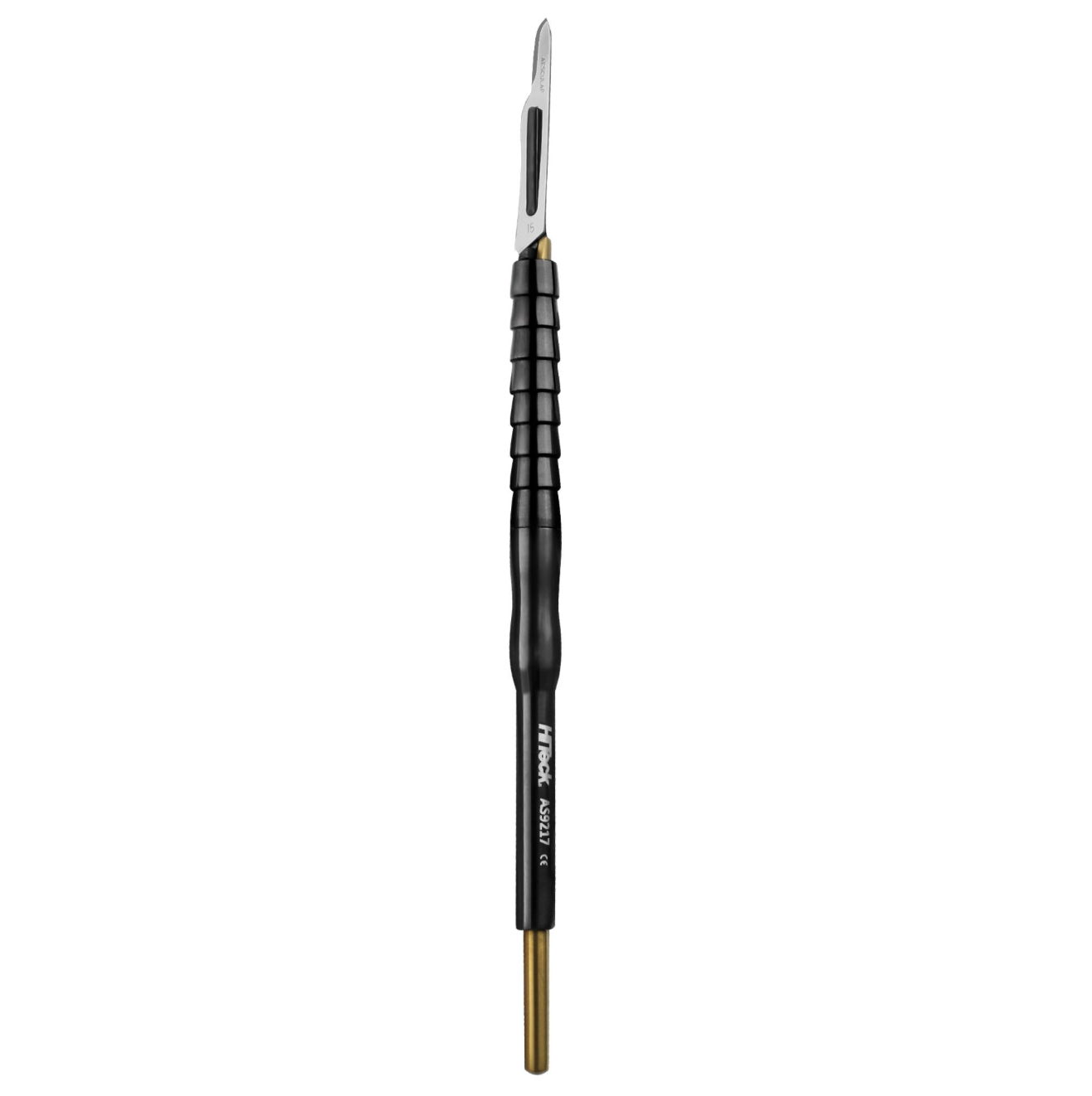 PUSH Scalpel Handle in black and gold, featuring automatic blade disposal for enhanced surgical safety.