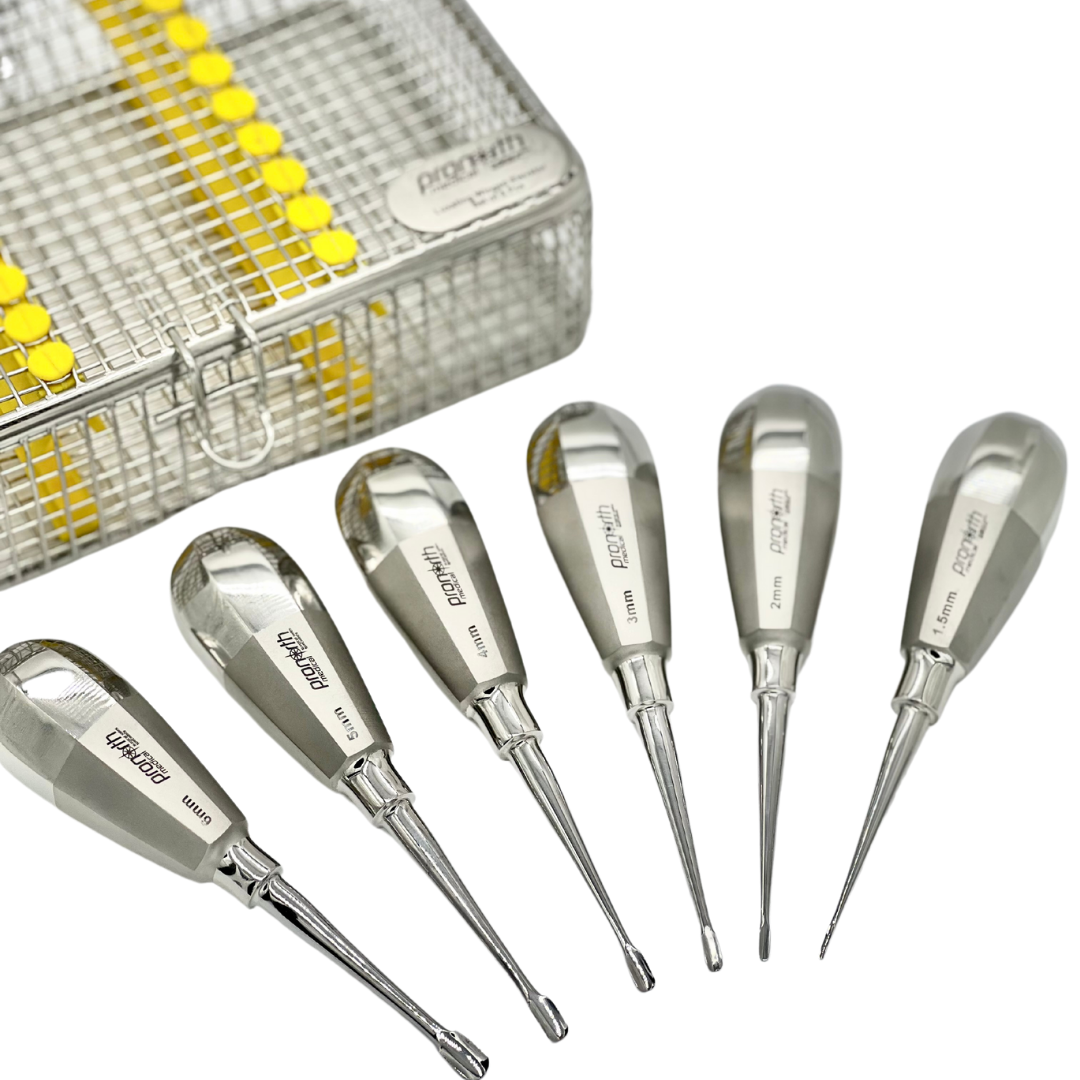 Winged Elevators set of six, from 1.5mm to 6mm sizes, elegantly presented next to their stainless steel cassette, highlighting the specialized tips for effective dental extractions.