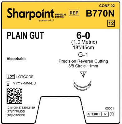SharpPoint B770N 6-0 Plain Gut Suture, 18 inches with a G-1 precision reverse cutting 3/8 circle needle, designed for microsurgical precision and rapid absorption.